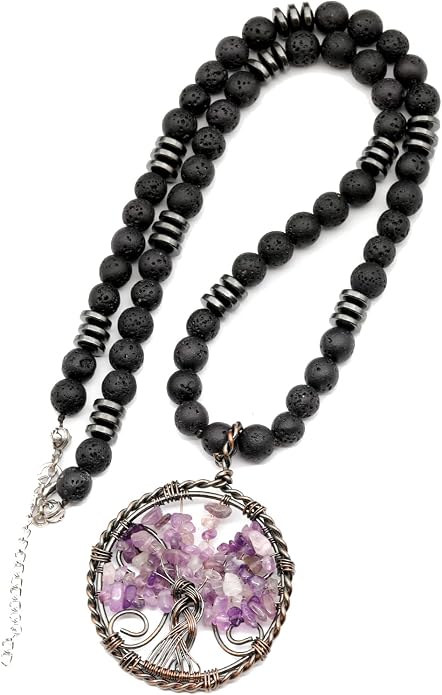 ElisaJewelryArt - Natural Labradorite Big Tree Of Life Black Lava Stone Beaded Necklace Genuine Gemstone Energy Stone Clasp Closure Necklace Unisex Necklace