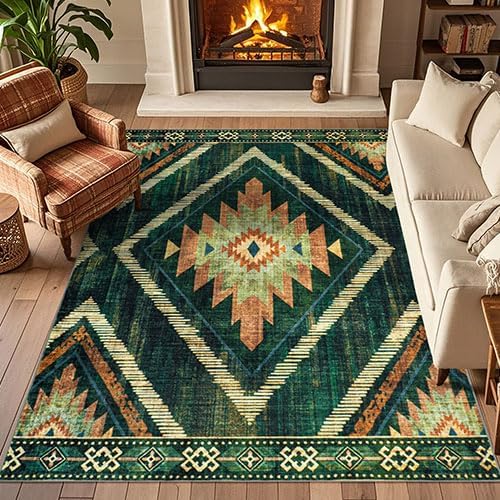 Boho Green Area Rugs 5x7Ft Non Slip, Large Low Pile Washable Rugs for Living Room, Soft Bedroom Nursery Area Floor Carpets for Dining Room Kids Playroom Farmhouse Office Spring Summer