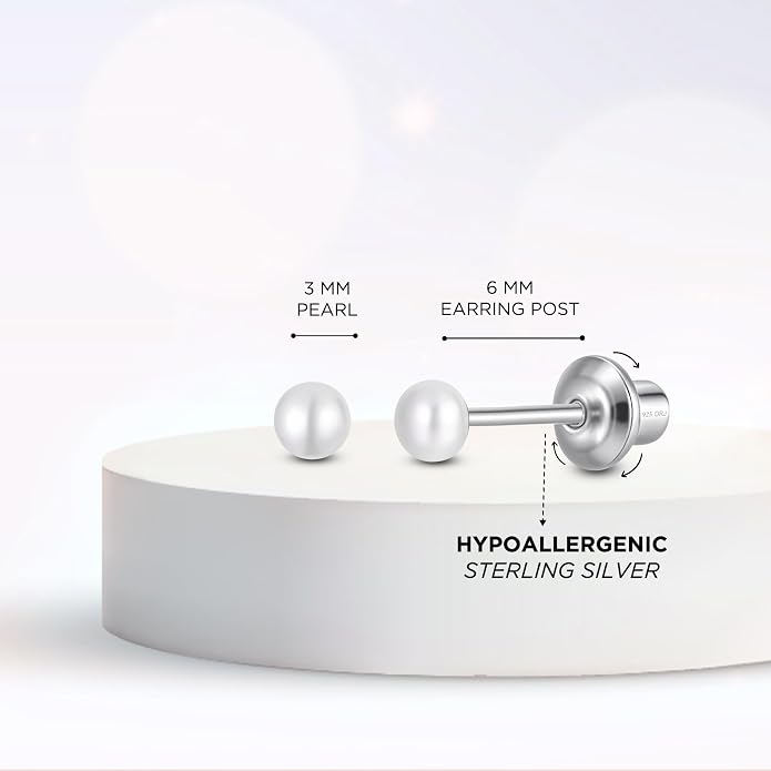 Pearl Screw Back Stud Earrings for Baby, Toddler, Girls | Hypoallergenic 925 Sterling Silver Screwback Safety Earrings | Simulated Pearl Studs for Sensitive Ears | Keepsake Gift for Birthdays Holidays Special Occasions