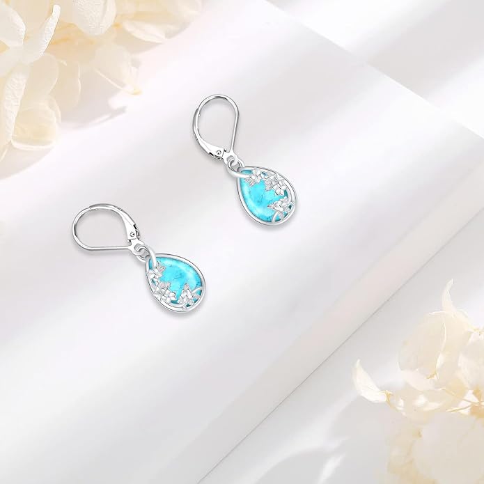 Black Cat/Turtle/Moonstone//Turquoise/Flower/Tree of Life Earrings Sterling Silver Cute Animal Leverback Dangle Earrings Jewelry Gifts
