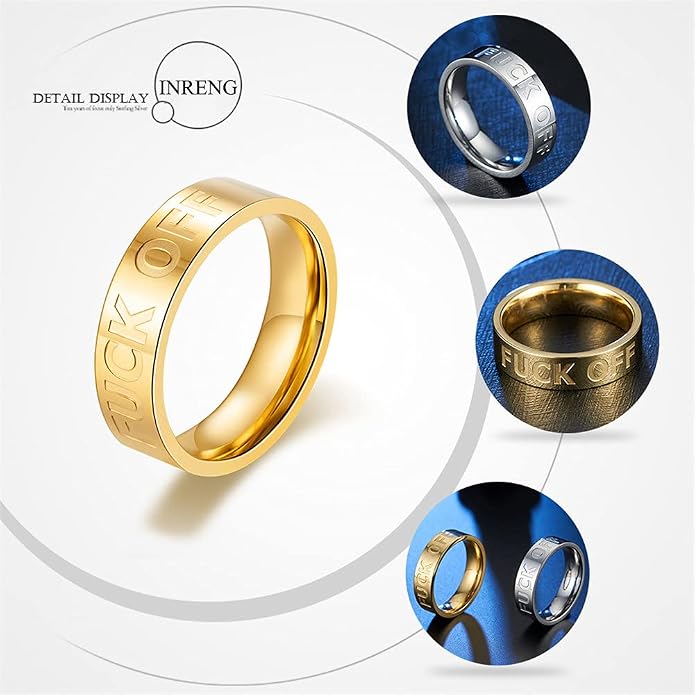 Men's Stainless Steel Cool Personalized Ring Engraved Fuck Off Inspirational Band Silver Gold