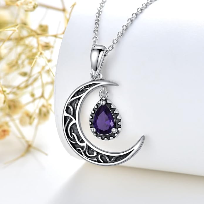 VONALA Crescent Moon Necklace Sterling Silver Emerald/Red/Purple/Black/Rainbow Topaz/Green/Aquamarine/Blue/Moss Agate Celtic Moon Teardrop Necklace Celtic Jewelry Gifts for Women Birthday
