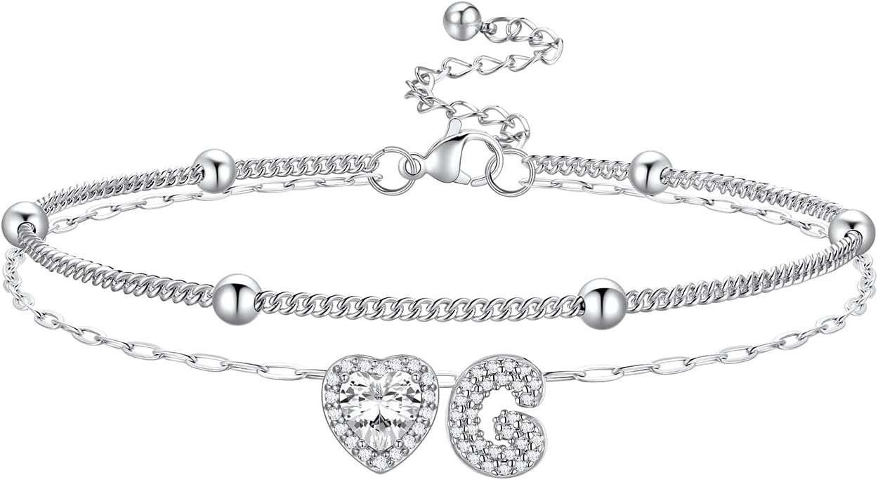 Bestyle Initial Anklet Bracelets for Women Waterproof Non Tarnish 14K Gold/White Gold Plated CZ Anklets for Women Dainty Layered Letter Heart Ankle Bracelets Adjustable Foot Chain Anklet