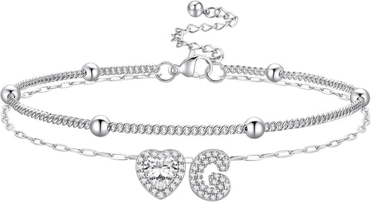 Bestyle Initial Anklet Bracelets for Women Waterproof Non Tarnish 14K Gold/White Gold Plated CZ Anklets for Women Dainty Layered Letter Heart Ankle Bracelets Adjustable Foot Chain Anklet