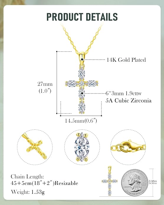 14K Gold Plated 925 Sterling Silver Birthstone Cross Necklace for Women Men