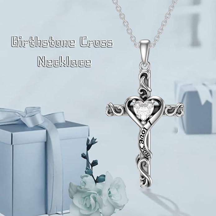 TOUPOP Cross Birthstone Necklace for Women 925 Sterling Silver Heart Cross Pendant I Love You Jewelry Anniversary Birthday Mothers Day Gifts for Mom Wife Her