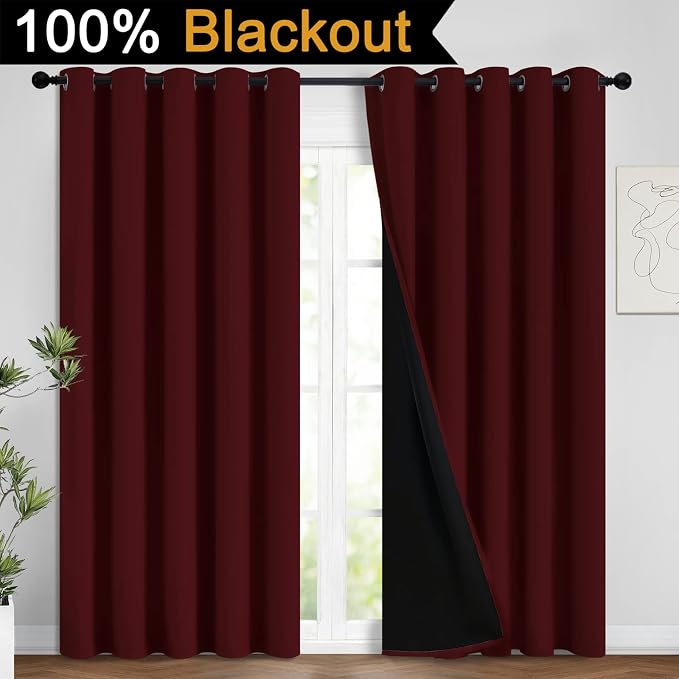 Yakamok Burgundy Red Blackout Curtains 96 Inches Long for Bedroom 62" Wide | Blackout Curtain Panels for Bedroom, 2 Thick Layers Grommet Top Thermal Insulated Drapes with Black Liner for Living Room