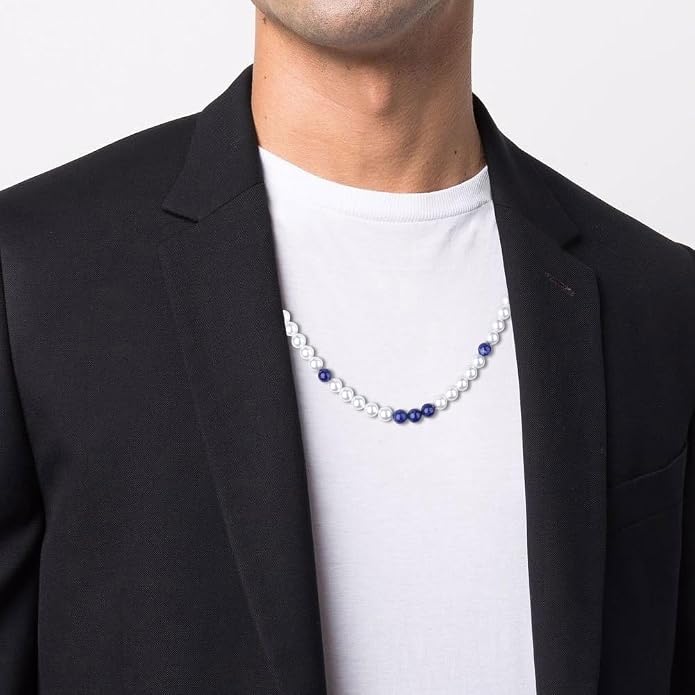 GAVU Men's Pearl Necklace, Pearl Jewelry Crystal Beaded Necklace for Men 20"/22"/24"/26"