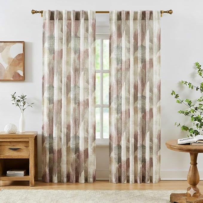 Kayne Studio Red Brown Watercolor Semi Sheer Curtain Panels, Boho Ink Geo Print Light Filtering Farmhouse Drapes for Living Room Bedroom, Back Tab Rod Pocket Window Treatment Set,W52 x L63,2 Panels