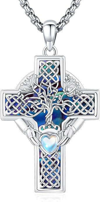 Celtic Cross Tree of Life Necklace for Women Sterling Silver Thor Hammer Tree of Life Pendant Irish Knot Cross Amulet Tree of Life Jewelry