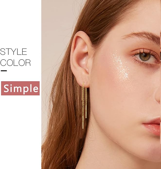 2 Pairs S925 Sterling Silver Chain Threader Earrings For Women Bar Wrap Threader Dangle Drop Earrings Lightweight Minimalist Hypoallergenic Earrings Anniversary Jewelry