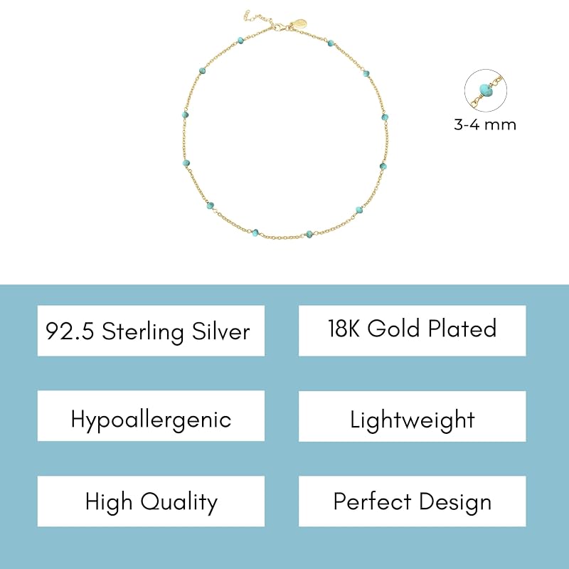 Turquoise Necklace for Women, Premium Beaded Gold Necklaces for Women - Tarnish Free 18K Gold Vermeil Certified S925 Classic Statement Necklace Gold Jewelry for Women - Mothers Day Gifts for Mom Wife