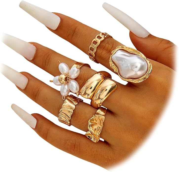 Chunky Gold Irregular Rings Stack Set for Women Statement Baroque Pearl Flower Stackable Knuckle Finger Ring Non Tarnish Boho Hammered Jewelry Gifts