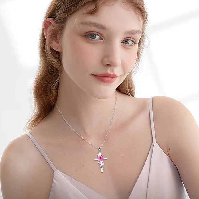 Flower Cross Necklace 925 Sterling Silver Carnation/Rose/Lily/Daisy Cross Necklace Birth Flower Jewelry for Women