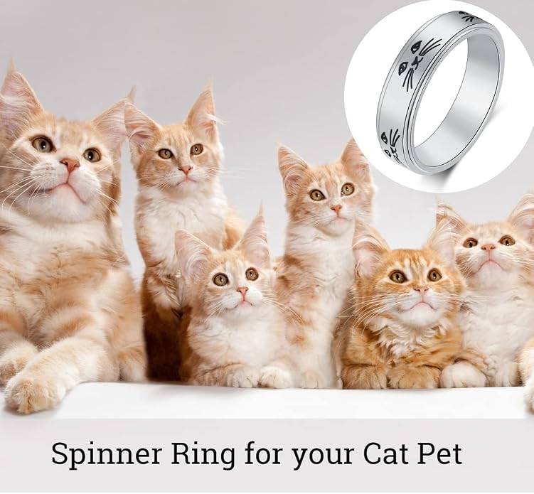 OreilleStar Anxiety Ring for Women Spinner Ring Titanium Stainless Steel Fidget Ring Men 6mm Width With Dog Paw Kitty Cat Face Evil Eye Pattern Spinning Outer Band Size 6 7 8 9 10