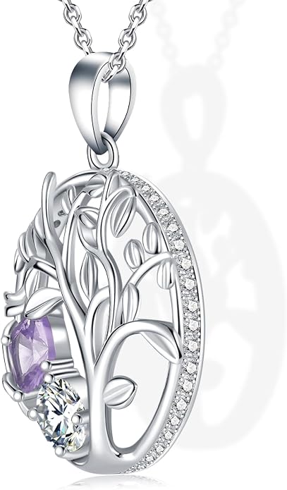 Tree of Life Birthstone Necklace for Women 925 Sterling Silver Birthstone Pendant 12 Months Necklaces with Zircon Birthday Gifts for Women, Mom, Grandma Cable Chain 18"+2"