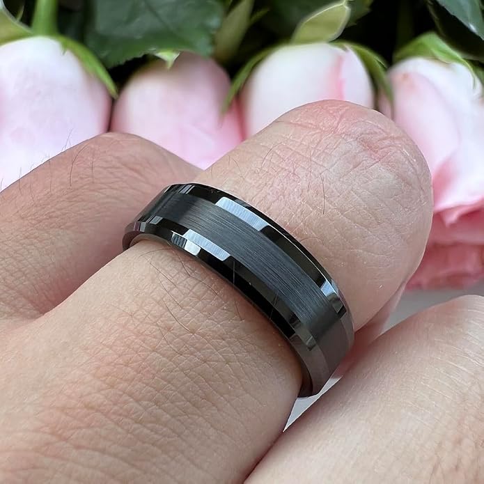 TUTISS 6mm 8mm Silver/Black/Gunmetal/Gold Tungsten Rings for Men Women Fashion Jewelry Engagement Wedding Bands Matte Polished Shiny Beveled Edges Comfort Fit