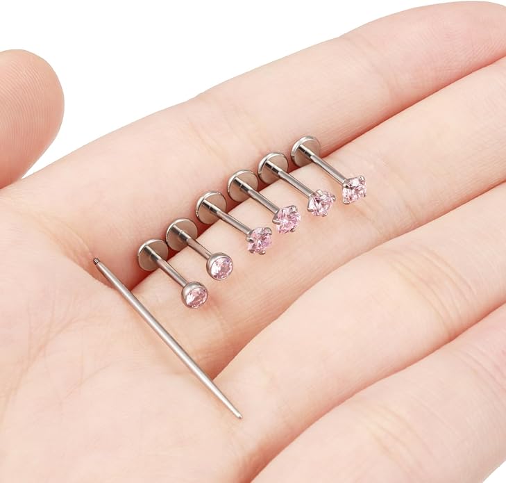 20G 18G 16G F316 Titanium Flat Back Nose Rings Studs Hypoallergenic Screw on Tragus Helix Cartilage Earrings Stud Piercing Jewerly for Women Men Bars 6mm
