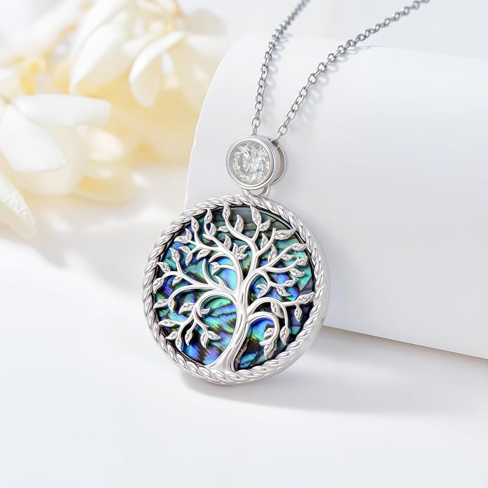 Tree of Life Moissanite Necklace, 925 Sterling Silver 0.5 Carat Moissanite Abalone Shell/Opal/Black Onyx/Turquoise/Malachite/Tiger Eye Stone Tree of Life Pendant Necklaces Jewelry Gift for Women Mom