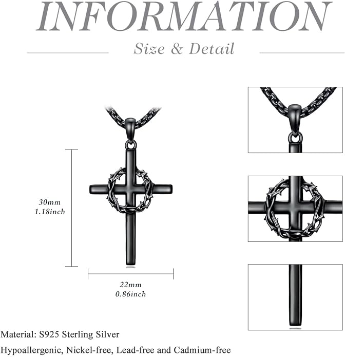 Crown of Thorns Necklace for Men 925 Sterling Silver Nail Cross Necklace Pendant Religious Christian Jewelry Valentines Day Gifts for Men