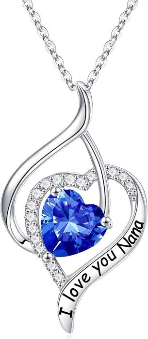 Nana Gifts Sterling Silver Heart Birthstone Necklaces, I Love You Nana Gifts for Mothers, Grandma
