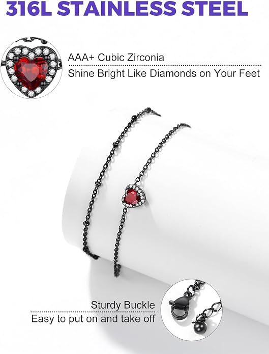 Richsteel Double Layer Heart/Butterfly Birthstone Anklet for Women Non Tarnish Waterproof, Silver/Gold/Black Stainless Steel 8.5-10.5 Inch Adjustable Chain Anklets Jewelry Gifts for Her
