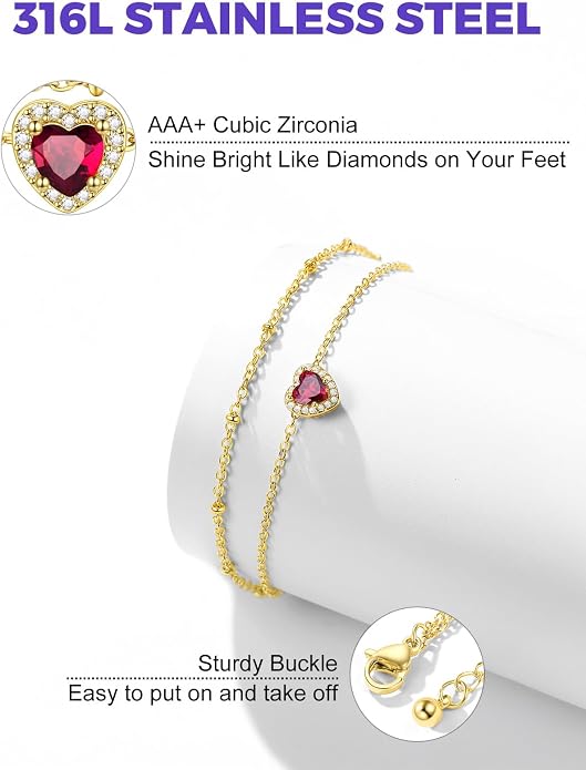 Richsteel Double Layer Heart/Butterfly Birthstone Anklet for Women Non Tarnish Waterproof, Silver/Gold/Black Stainless Steel 8.5-10.5 Inch Adjustable Chain Anklets Jewelry Gifts for Her