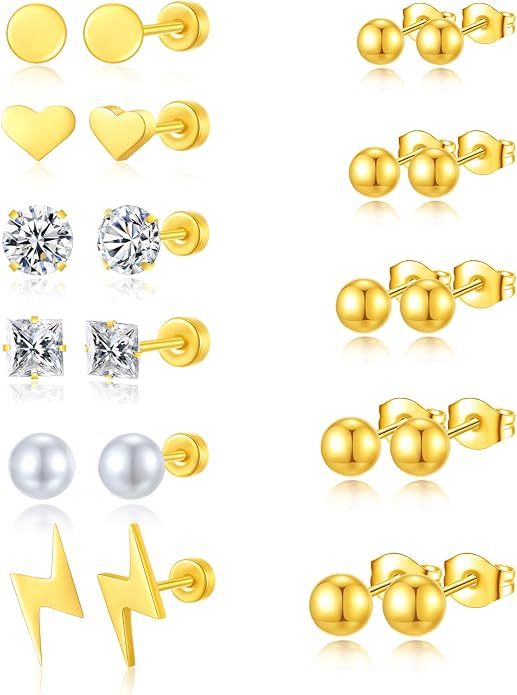 Stud Earrings Set for Women, 14K Gold Plated Hypoallergenic Heart Pearl Ball Studs Pack 316L Stainless Steel CZ Earrings Multi-Style & Size 3-8mm