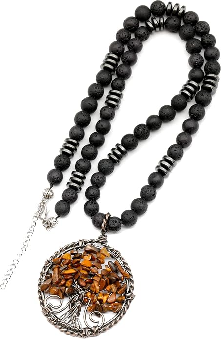 ElisaJewelryArt - Natural Labradorite Big Tree Of Life Black Lava Stone Beaded Necklace Genuine Gemstone Energy Stone Clasp Closure Necklace Unisex Necklace