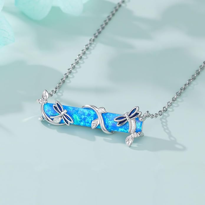 Bar Opal Leaf Necklace For Women S925 Sterling Silver White Opal Pendant with Leaf Charm Bar Pendant Jewelry Gift For Mom Daughter Wife