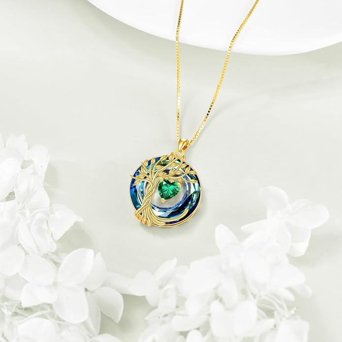 POPLYKE Mothers Day Gifts for Mom Her Wife Tree of Life Necklace 925 Sterling Silver Birthstone Pendant with Crystal Anniversary Birthday Wedding Jewelry for Women