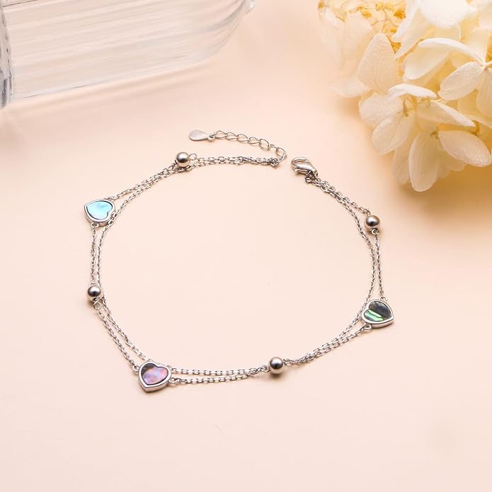 Ladytree S925 Sterling Silver Boho Beach Double Layer Anklets Bracelet for Women Adjustable 9 to 11 inches
