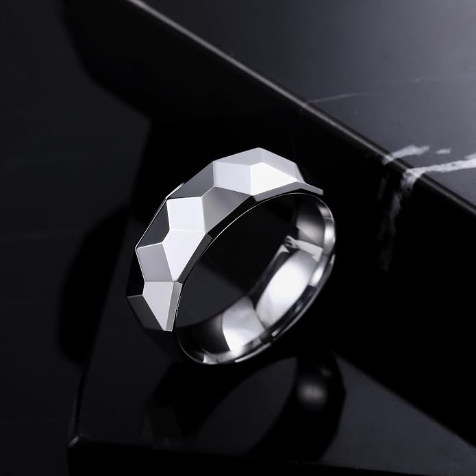 THREE KEYS JEWELRY 2mm 8mm Silver Tungsten Carbide Wedding Band for Men Women, Basic Hammered Multi-Faceted Polished Finish Stackable Engagement Ring Comfort Fit