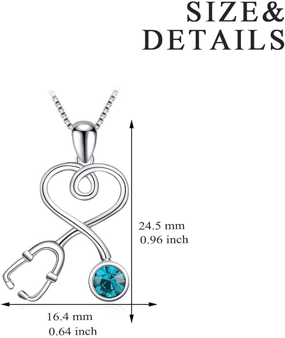 AOBOCO Stethoscope Necklace 925 Sterling Silver Embellished with 12 Months Birthstone Crystals from Austria, Graduation Gifts Medical Jewelry for Doctor Nurse Medical Student RN