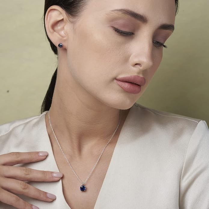MAX + STONE 14k Gold Plated or Sterling Silver Cushion Cut Gemstone Stud Earrings and Pendant Necklace for Women with 6mm and 8mm Birthstones 18 Inch Chain and Push Backs Jewelry Set