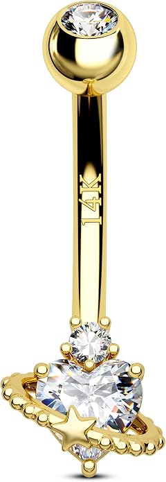 COCHARM 14K Gold Belly Button Ring, 14K Heart Gold Navel Ring for Women, Hypoallergenic Piercing Jewelry, 14G Gauge, 10MM Barbell Length, Sparkly Star Halo Design
