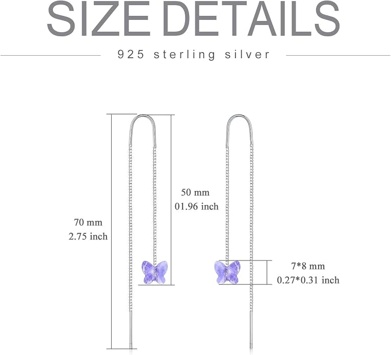AOBOCO Heart/Butterfly/Cube Threader Dangle Drop Earrings - 925 Sterling Silver Long Chain Earring for Women Baroque Hook Drop Earrings Crystals from Austria