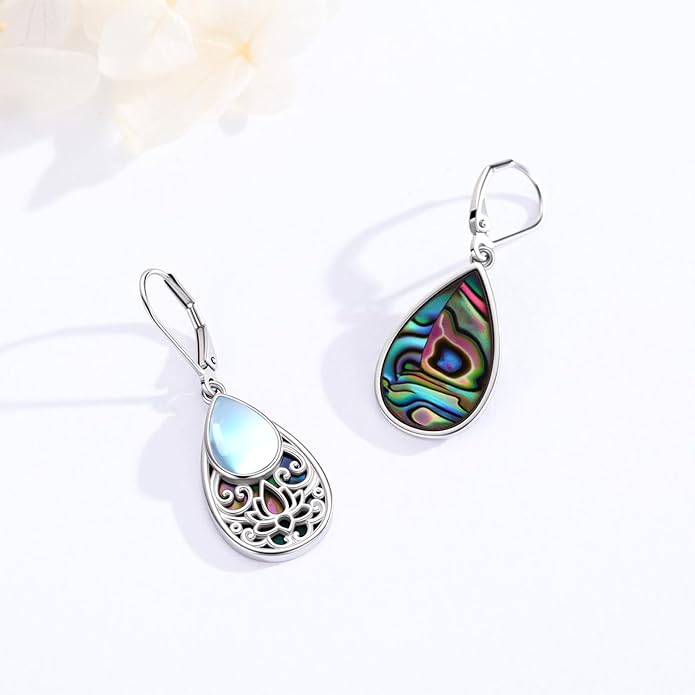 Dragonfly Filigree Earrings 925 Sterling Silver Teardrop Moonstone Abalone Shell Dangle Drop Earrings Filigree Jewelry Gifts for Women