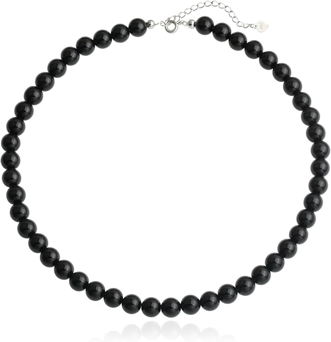 Kakikaki Natural Agate Choker Necklace Sterling Silver Round Beads Strand Necklace for Women