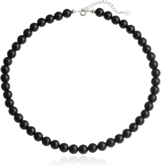 Kakikaki Natural Agate Choker Necklace Sterling Silver Round Beads Strand Necklace for Women