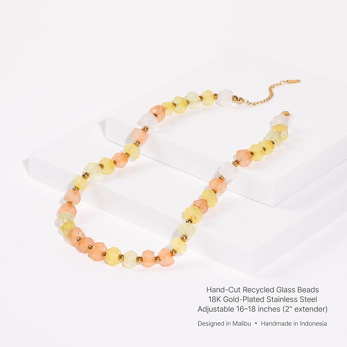 Chunky Frosted Sea Glass Beaded Necklace for Women - Handmade Recycled Glass, 18K Gold Plated or Silver Toned Stainless Steel, Adjustable 16-18 inch Boho Statement Necklace