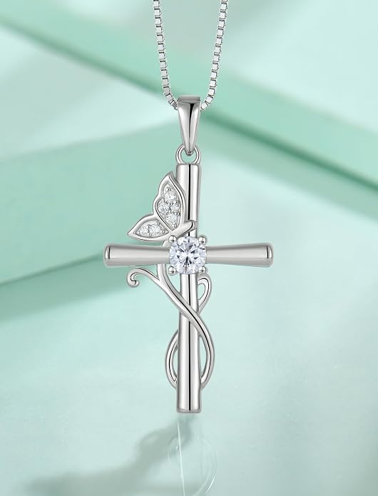 STARCHENIE Butterfly Cross Necklace 925 Sterling Silver Crucifix Pendant Birthstone Jewelry for Women
