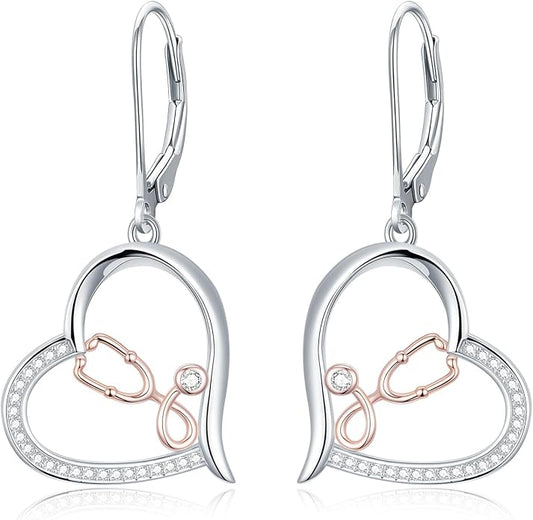 Midari Heart Dangle Earrings 925 Sterling Silver Leverback Drop Earrings Teacher Music Art Jewelry Gifts for Women Students Apple/Guitar/Palette/Note Design