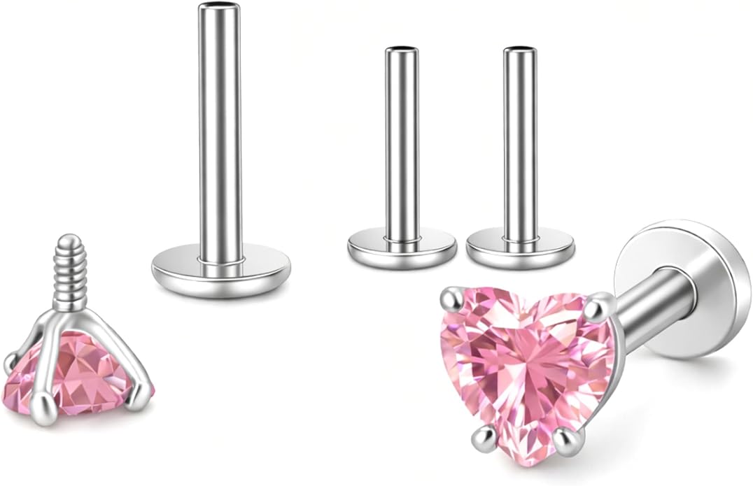 Titanium Heart CZ Labret Stud Earrings for Piercings by Ginger Lyne 6Pc Set G23 Screw Front Flat Back Body Jewelry 2 pair post 6mm, 8mm Cartilage, Helix, Tragus, Lip, Conch, Lobe