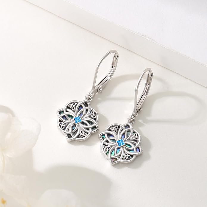 Celtic Knot Earrings 925 Sterling Silver Abalone Drop Dangle Celtic Earrings Gifts for Women