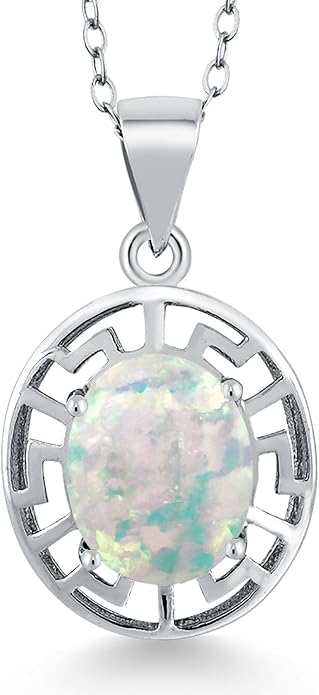 Gem Stone King 925 Sterling Silver 10X8MM Oval Gemstone Birthstone Necklace | Greek Key Pendant Necklace for Women | With 18 Inch Silver Chain