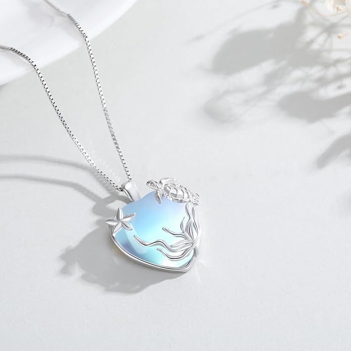 Sea Turtle/Seaweed Necklace for Women 925 Sterling Silver Heart of the Ocean Moonstone Pendant Necklace Turtle Moonstone Jewelry Gift for Wife Mom