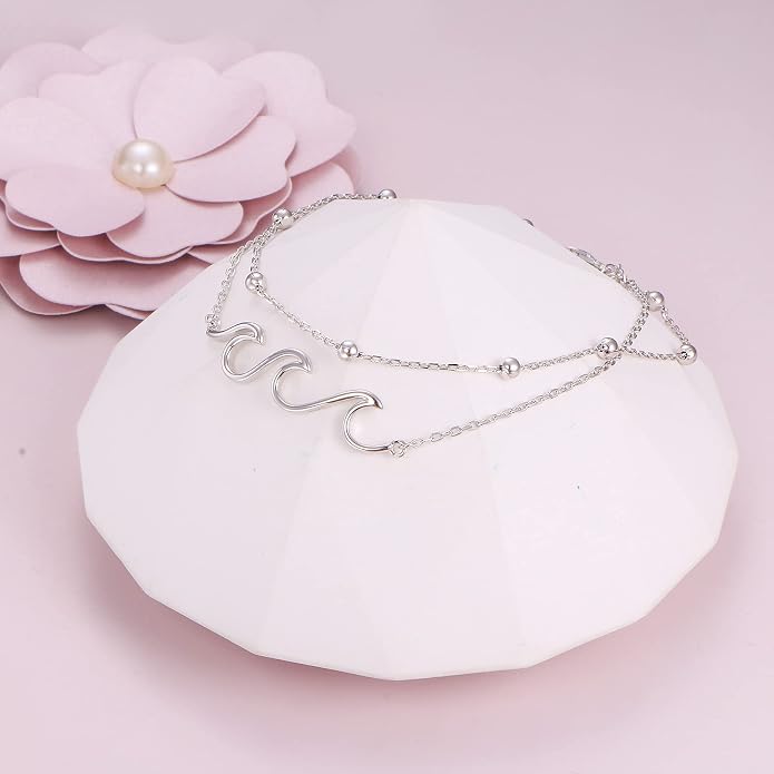 Alphm Wave Anklet for Women S925 Sterling Silver Adjustable Starfish Layered Ocean Beach Sea Ankle Foot Bracelet