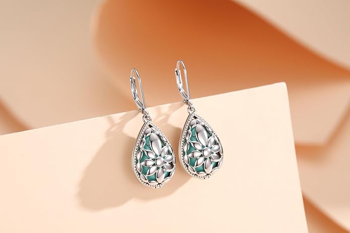 BDL Genuine Turquoise Jewelry for Women, Sterling Silver Earrings and Necklaces for Women, Leverback Dangle Drop Earrings Jewelry