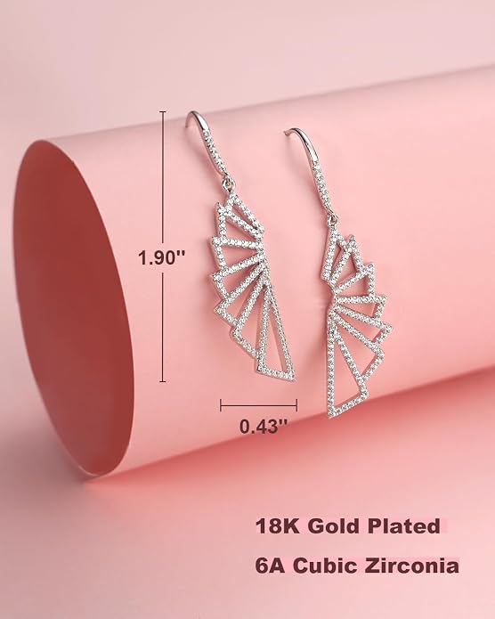 Asymmetrical Chain Dangle Earrings for Women 18K Gold Plated 925 Silver Circle and Long Ear Pin Tassel Chain Triangle Wing-Inspired 6A CZ Drop Earring Geometric Symbolic Earrings Jewelry Gifts